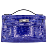 Hermès Kelly Pochette Bleu Electrique Shiny Porosus Crocodile Palladium Hardware