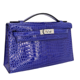 Hermès Kelly Pochette Bleu Electrique Shiny Porosus Crocodile Palladium Hardware