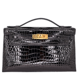 Hermès Kelly Pochette Black Shiny Porosus Crocodile Gold Hardware