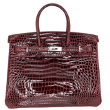 Hermès 35cm Birkin Bordeaux Shiny Porosus Crocodile Palladium Hardware
