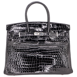 Hermès 35cm Birkin Black Shiny Porosus Crocodile Palladium Hardware