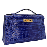 Hermès Kelly Pochette Bleu Electrique Shiny Porosus Crocodile Gold Hardware