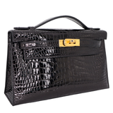 Hermès Kelly Pochette Black Shiny Porosus Crocodile Gold Hardware