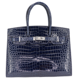 Hermès 30cm Birkin Sellier Bleu Saphir Shiny Porosus Crocodile Palladium Hardware