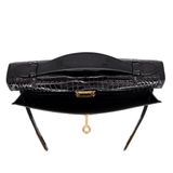 Hermès Kelly Pochette Black Shiny Porosus Crocodile Gold Hardware