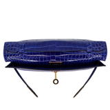 Hermès Kelly Pochette Bleu Electrique Shiny Porosus Crocodile Gold Hardware