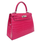 Herm�s 25cm Kelly Sellier Framboise Shiny Niloticus Crocodile Palladium Hardware