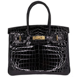 Herm�s 30cm Birkin Black Shiny Niloticus Crocodile Gold Hardware