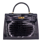 Herm�s 35cm Kelly Sellier Bleu Marine Shiny Porosus Crocodile Gold Hardware